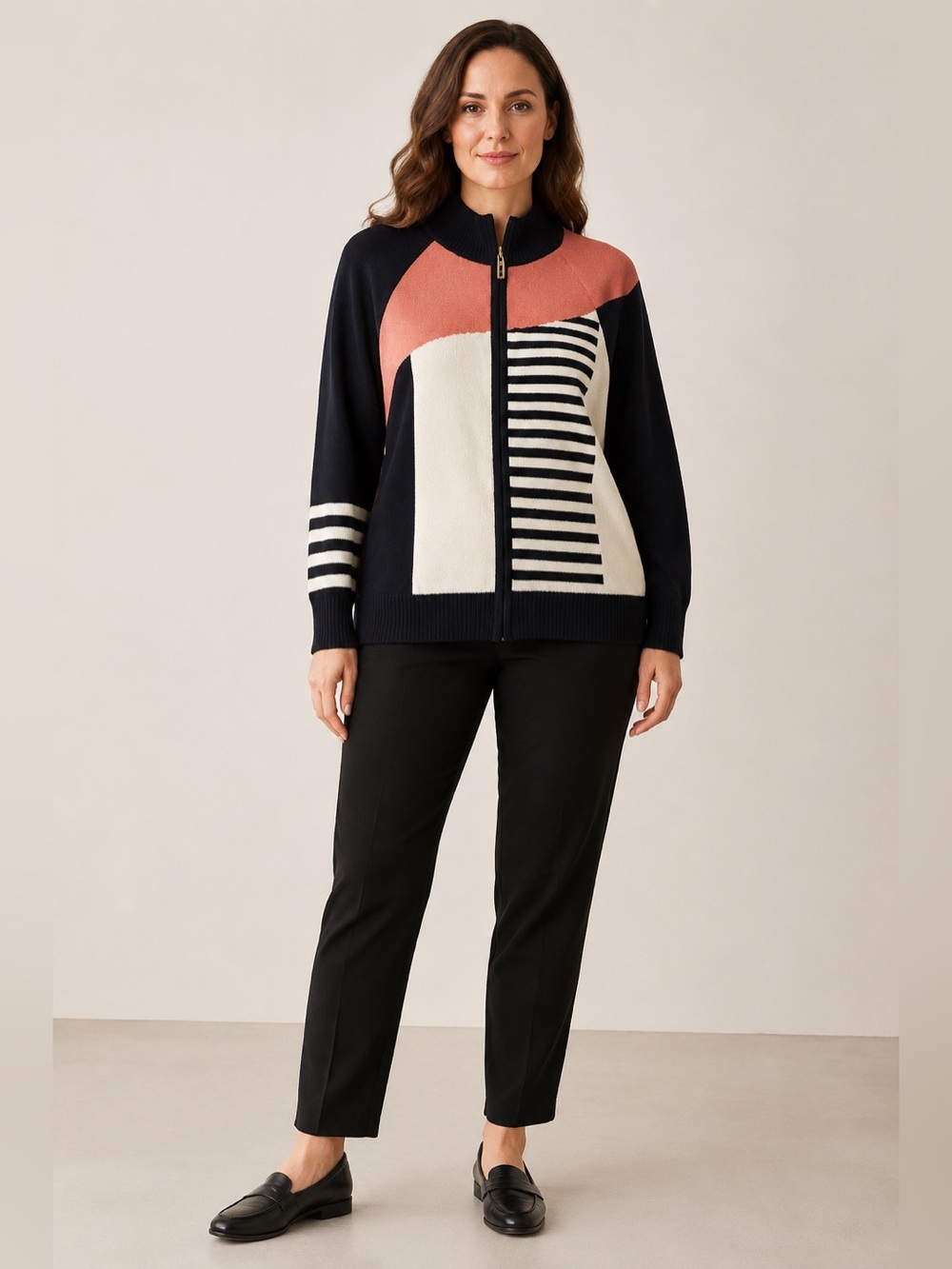 St John Women’s Small Geometric Colorblock Stripe Knit Zip Jacket Navy Coral